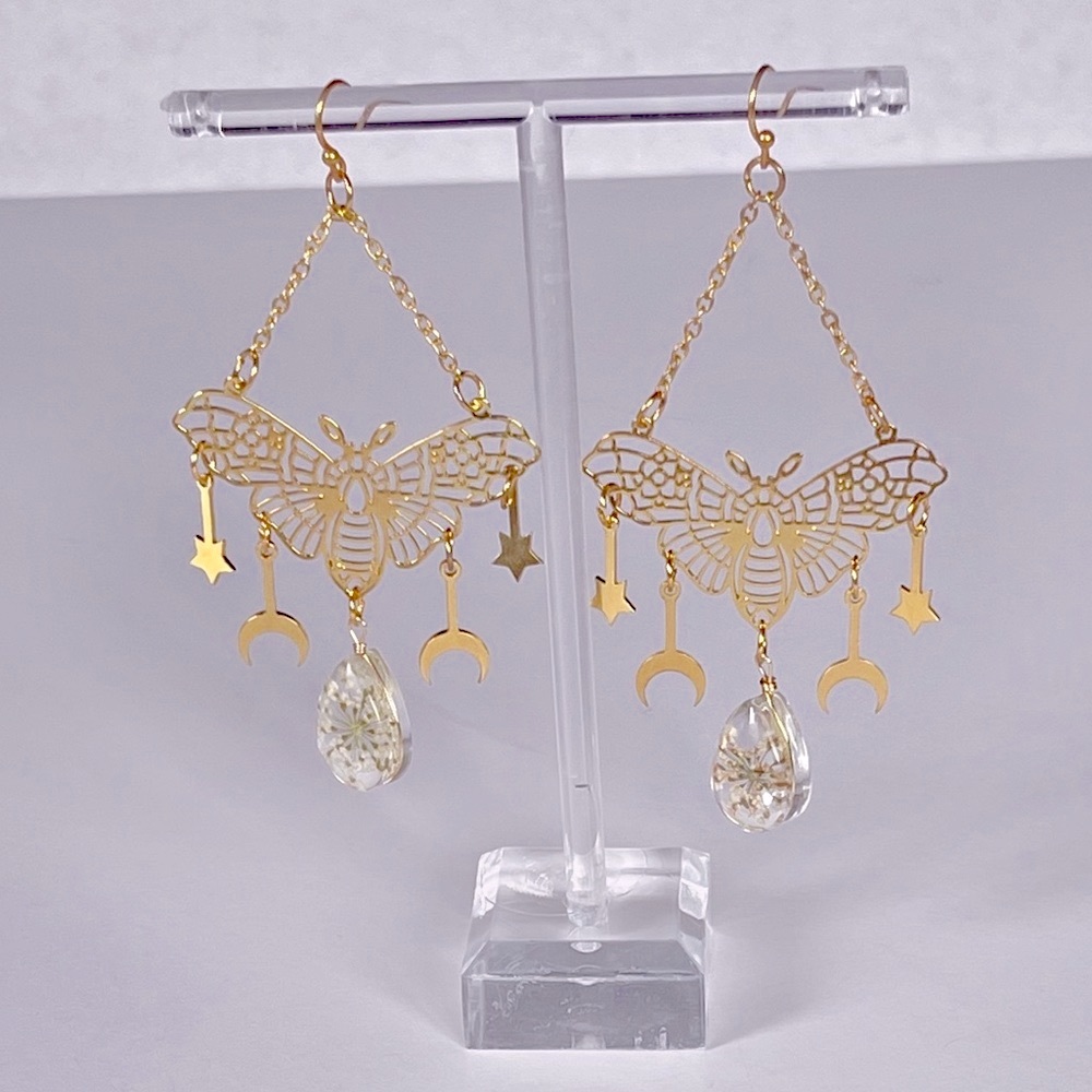 Moth flower moon stars earrings gold dangle boho
